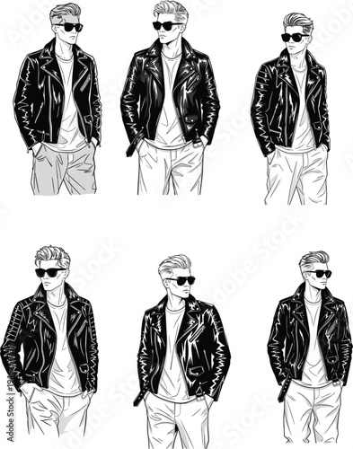 Collection of stylish men wearing black leather jackets and sunglasses in hand drawn sketch vector illustration for fashion design