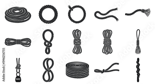 Marine and Utility Ropes, Knots, and Coils Black  White Glyphs Icon Set