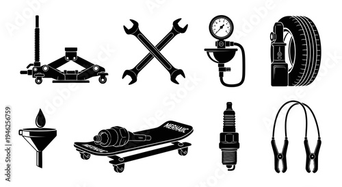 Black and White Automotive Car Repair Tools and Equipment Glyph Icon Set