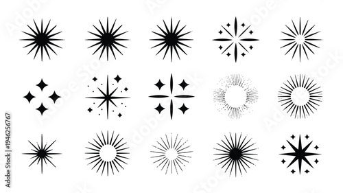 A collection of 16 black and white starburst and sparkle designs arranged in a 4x4 grid 