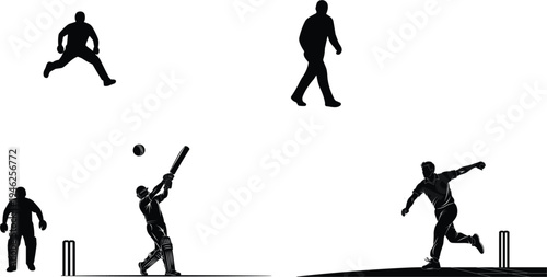 Cricket player silhouette collection including batsman hitting ball bowler delivering and fielders in action poses for sports competition vector