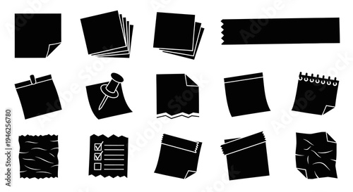 Business Office Stationery Notes Icon Set - Black Glyph Silhouette Design