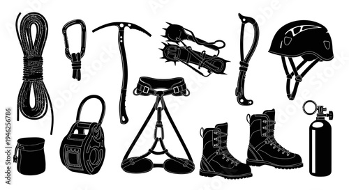 Mountaineering Climbing Gear  Equipment Icons Set - Black  White Glyph Vector