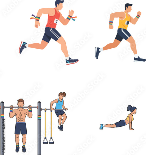 Diverse athletic people set including runners performing calisthenics pull ups dips and yoga poses with pride wristbands vector