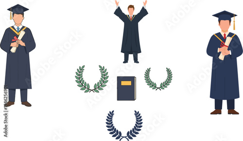Group of male university students in graduation gowns holding diplomas with academic laurel wreaths and book icons vector