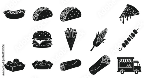 Food Industry Black and White Glyph Icons Set - Fast Food, Street Food, and Restaurant Items