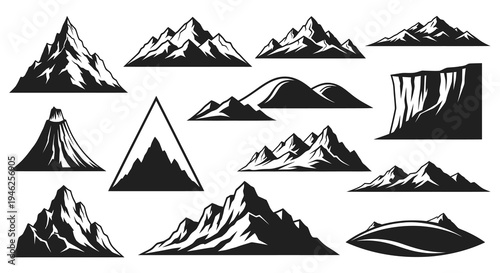 Nature  Outdoors Black White Silhouette Mountain Peaks and Cliff Vector Set