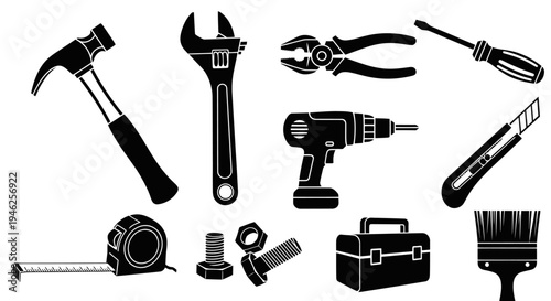 DIY and Repair Tools Black and White Glyph Silhouettes Set
