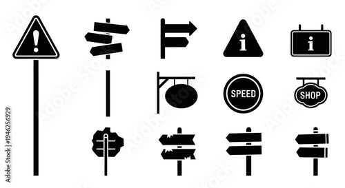 Communication Navigation Directional Signs and Symbols Glyph Vector Icon Set Black and White