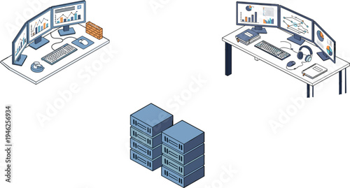 Isometric workspace set with triple monitor setup computer desk server racks and data analysis charts for modern office technology vector illustration.
