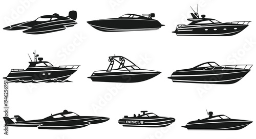 Nautical Boats and Yachts Vector Silhouettes Set for Water Transportation Design