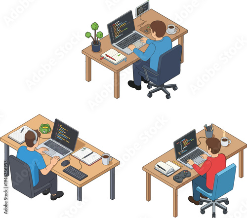 Isometric set of professional programmers and software developers working on laptops coding at office desks vector illustration for tech design