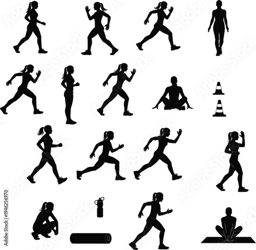 Large collection of active women silhouettes running jogging and doing yoga exercises for fitness and healthy lifestyle vector illustration