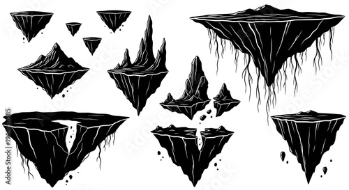 Abstract Fantasy Floating Islands Black  White Line Art Vector Collection for Game Design