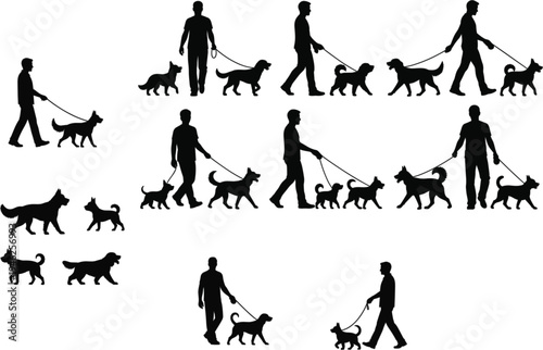 Large collection of people walking dogs on leashes silhouettes isolated on white background representing pet care and outdoor recreation vector