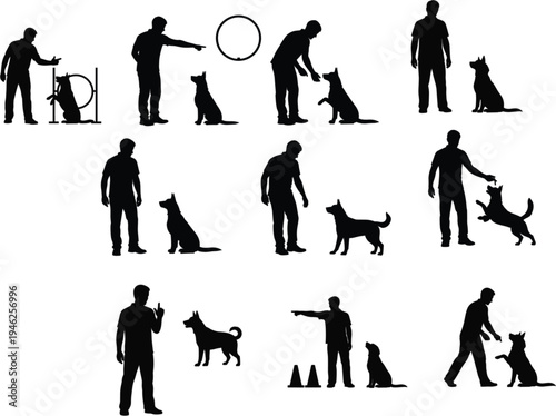 Large collection of dog training silhouettes with owners performing agility hurdles obedience commands and reward exercises vector