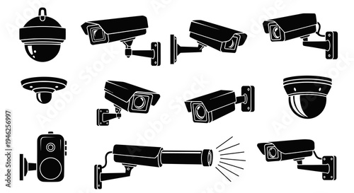 Security Surveillance Cameras Glyph Icons Set. Technology CCTV Black and White Solid Symbols