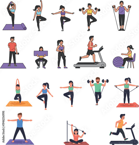 Large collection of people exercising with gym equipment performing yoga poses running on treadmill and lifting weights for healthy lifestyle vector