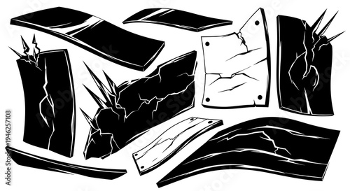 Abstract Graphic Design: Stylized Black  White Vector Broken Cracked Damage Elements