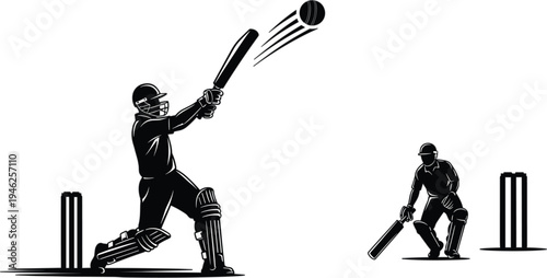 Professional cricket player hitting the ball with bat during a match with wicketkeeper and stumps isolated vector