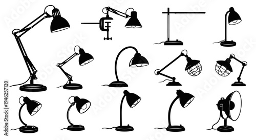 Desk Lamps and Lighting Fixtures Vector Silhouette Set for Home and Office Design