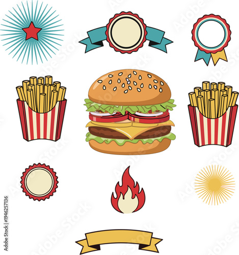 Retro fast food vector set featuring delicious burger french fries fire flame and vintage ribbons for restaurant labels