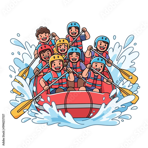Happy Kids Rafting Adventure, Teamwork, Extreme Sport, Water Splash