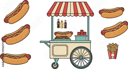 Retro hot dog stand cart vector set with delicious sausages mustard buns french fries and soda bottles for street food festival