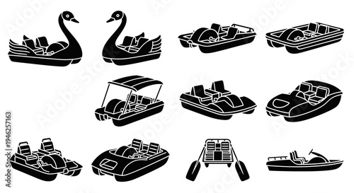 Recreation Water Sports Pedal Boats and Swan Boats Glyph Icons Set