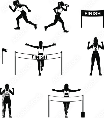 Set of female marathon runner silhouettes crossing finish line and celebrating victory in race competition for sports vector illustration