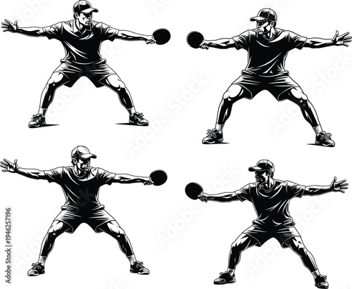 Set of professional table tennis players in action poses with rackets hand drawn black and white vector sketch illustration