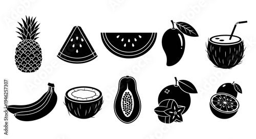 Food Industry Black and White Glyph Icons of Tropical Fruits and Drinks Set
