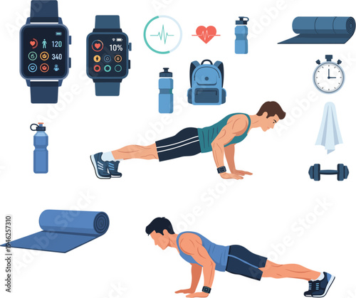 Young athletic man doing pushups workout with smartwatch fitness trackers and gym equipment icons on white background vector