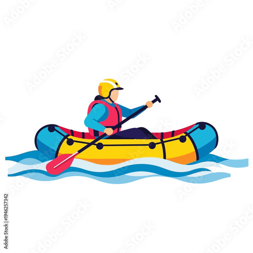 Person white water rafting on inflatable boat with paddle and safety vest
