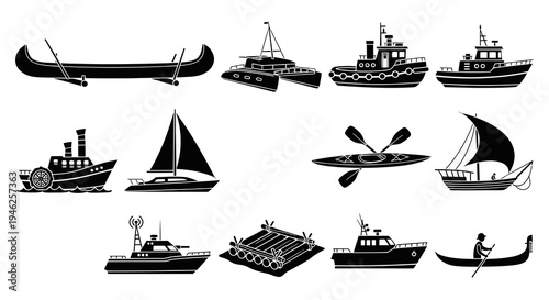 Transportation Watercraft Black Silhouette Glyph Icons Set