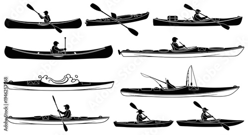 Water Sports Kayaking and Canoeing Silhouette Vector Icons Collection