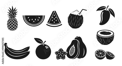 Tropical Fruit Black  White Glyph Icon Set - Food  Drink Vector Collection