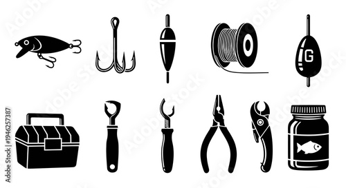 Fishing Tackle and Angling Equipment Vector Glyph Icons Set - Black  White Silhouette Collection