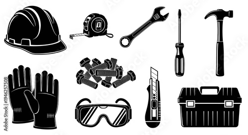 Industrial Construction Work Tools and Safety Gear Black  White Glyph Icons Set