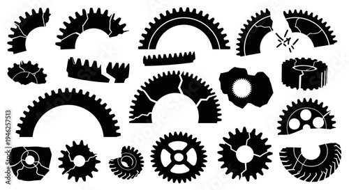 Industrial Mechanical Engineering Gears Glyph Set - Broken  Whole Cogwheel Parts Black  White Icons