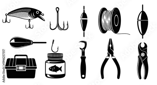 Fishing Tackle and Equipment Glyph Icons Set - Black  White Outdoor Recreation Tools Collection