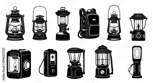 Camping and Outdoor Lanterns Black  White Vector Icon Set