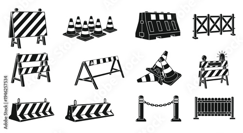 Construction Road Safety Barriers and Traffic Cones Black  White Glyph Icons Set
