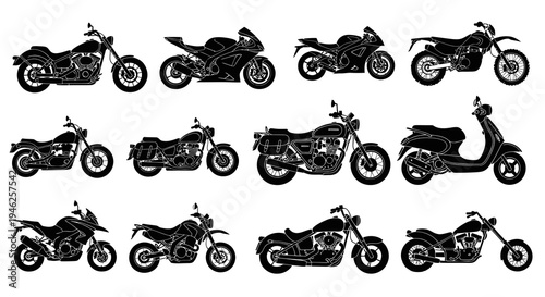 Automotive Motorcycling: Black and White Vector Silhouette Icons Set of Various Motorcycles  Scooters