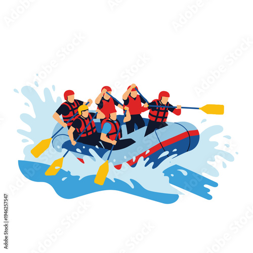 Rafting Adventure: Team Paddling on Raging River Rapids