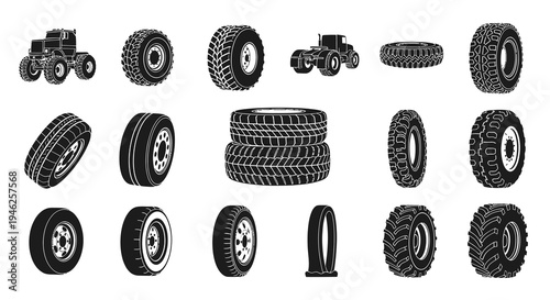 Tires for Automotive, Agriculture, and Industry - Black  White Vector Set