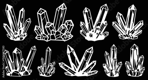 Nature Crystals Black  White Outline Glyph Set: Hand-Drawn Mineral Cluster Collection
