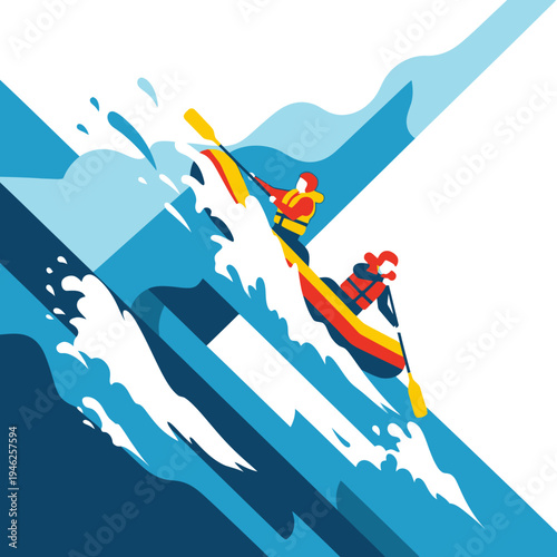 Rafting adventure, two people in a raft navigating rapids, dynamic water splashes, abstract background