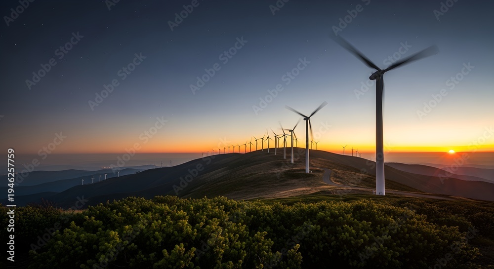 Obraz premium Renewable Energy Wind Turbines On A Grassy Hilltop At Sunset