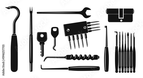 Locksmithing and Security Tools Glyph Icons Set - Picks, Keys, Wrench, Lock Cylinder Black Silhouette